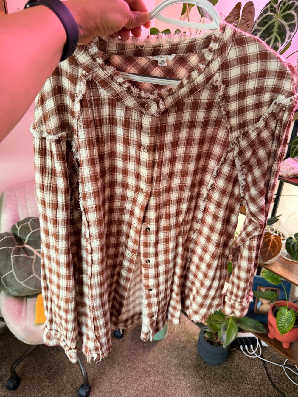 Women’s Brown Plaid Button-Front Top